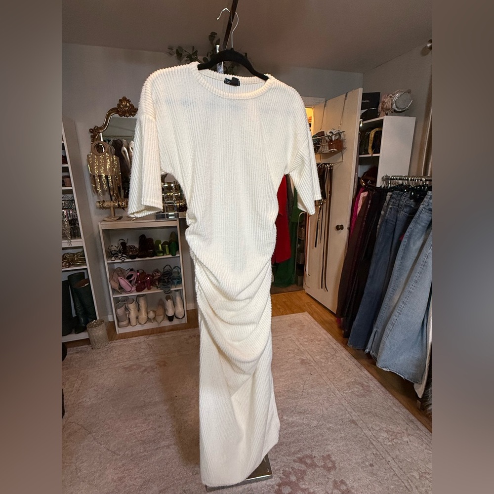 Boohoo Cream Ribbed Maxi Dress
